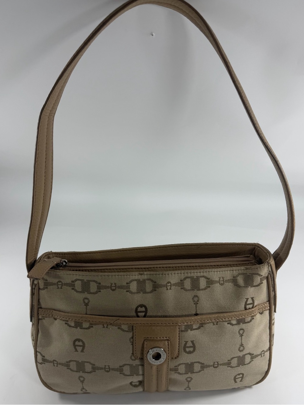 Etienne Aigner Monogram Canvas Shoulder Bag‎ Tan Logo Y2K Baguette Purse